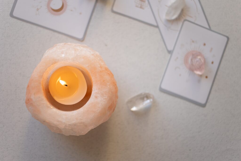 candle, cards, crystals